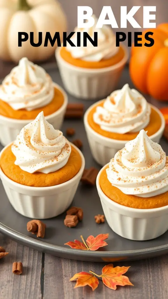 Mini no bake pumpkin pies with whipped cream and autumn leaves