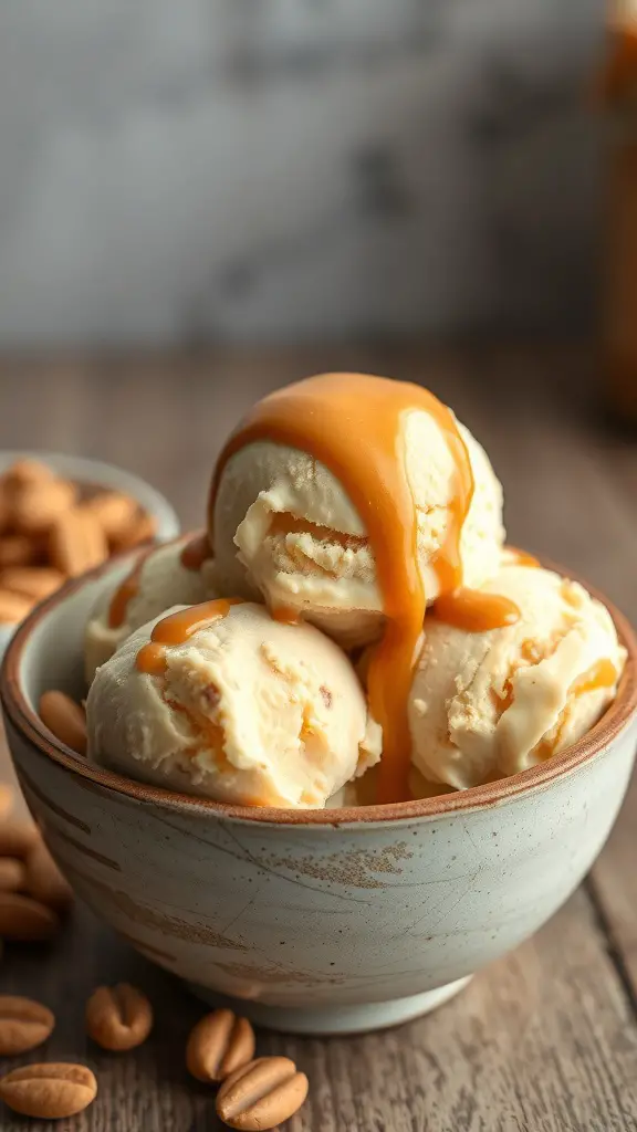A bowl of peanut butter swirl ice cream with a drizzle of peanut butter on top, surrounded by peanuts.