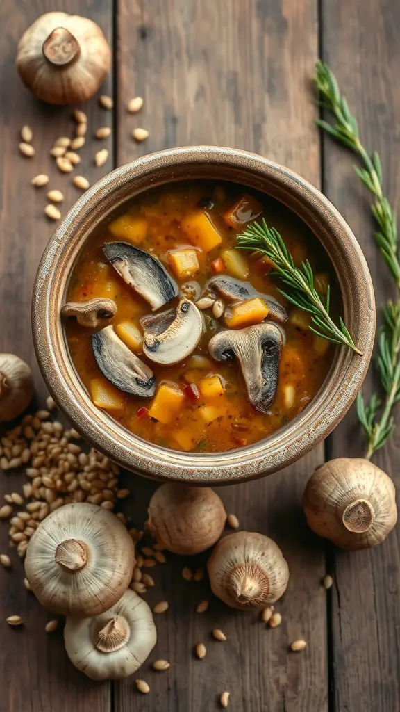 A bowl of Mushroom Barley Soup with mushrooms and barley on a wooden table.