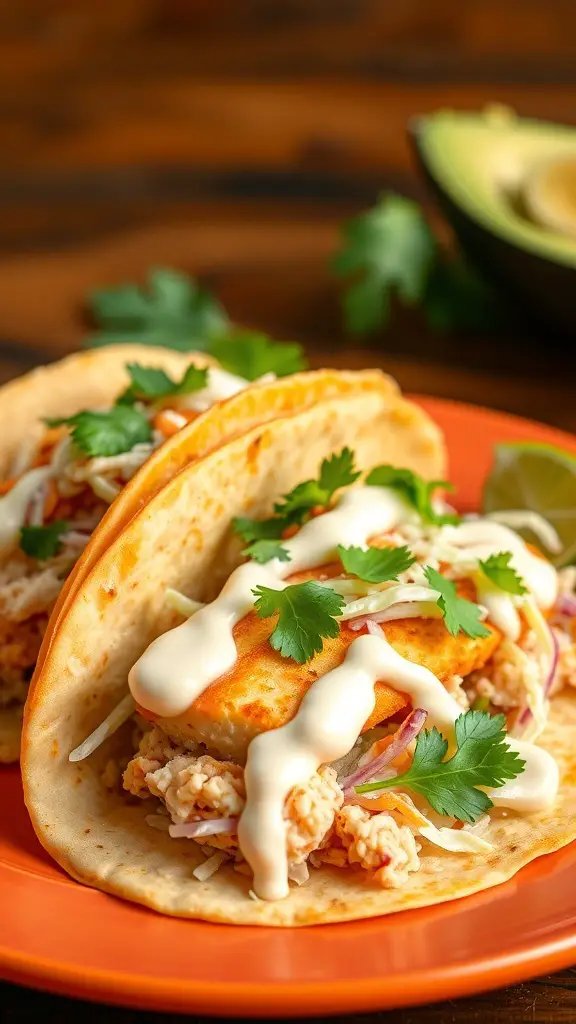 Two fish tacos with cabbage slaw, garnished with cilantro on a plate.