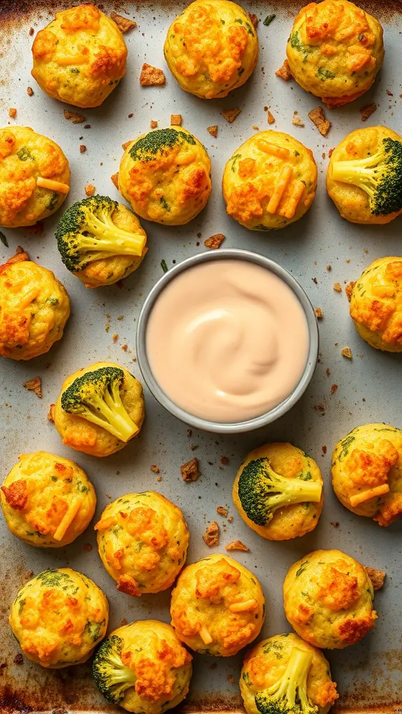 A tray of broccoli and cheese bites arranged around a bowl of dipping sauce.