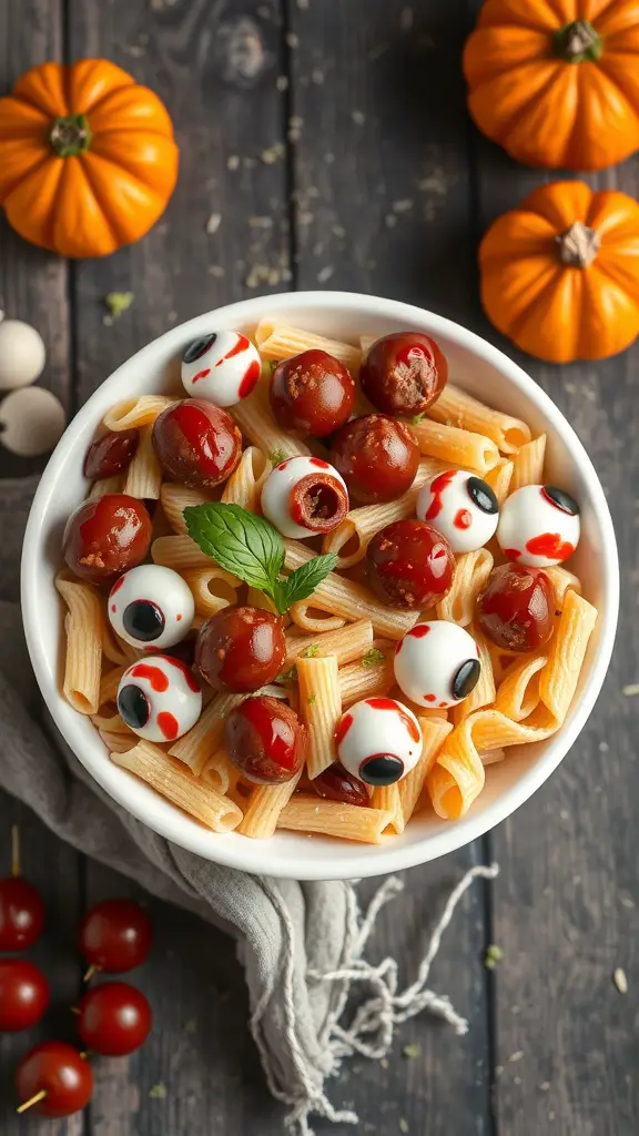 A bowl of Bloody Eyeball Pasta Salad with mozzarella eyeballs and cherry tomatoes, surrounded by pumpkins.