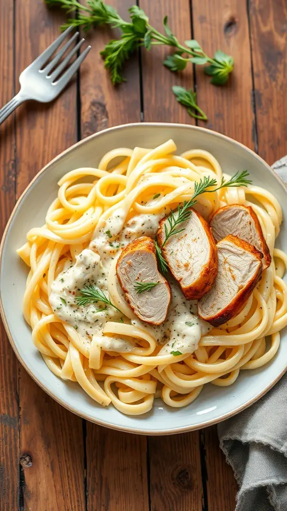 A plate of fettuccine Alfredo topped with grilled chicken, garnished with herbs.