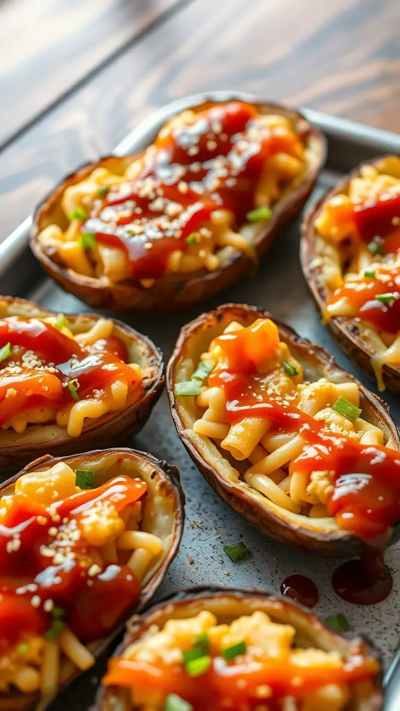 Cheesy BBQ stuffed potato skins topped with BBQ sauce and green onions