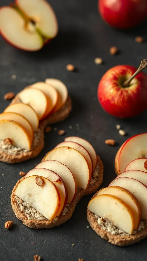 Rice cakes topped with almond butter and sliced apples, with whole apples in the background.