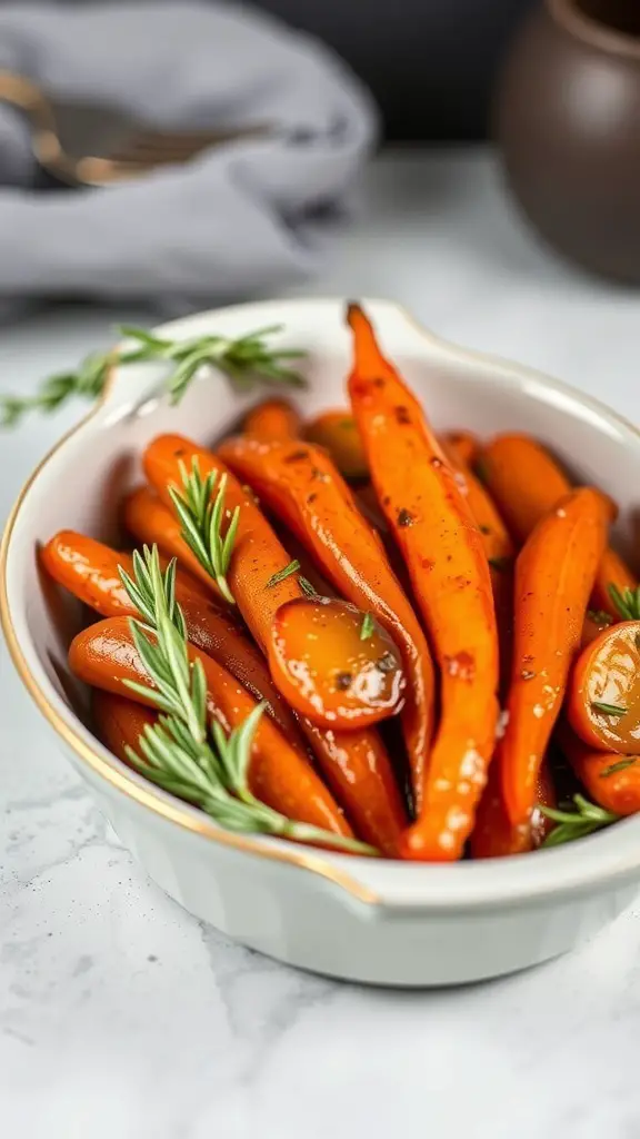 A bowl of glazed carrots garnished with rosemary