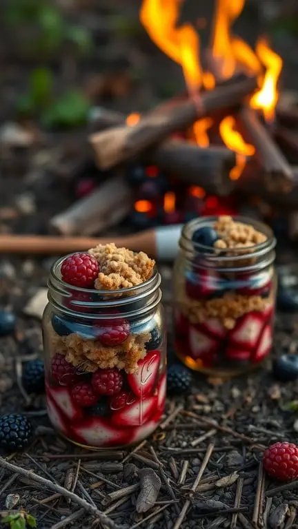 Two jars of berry crisp with a campfire in the background