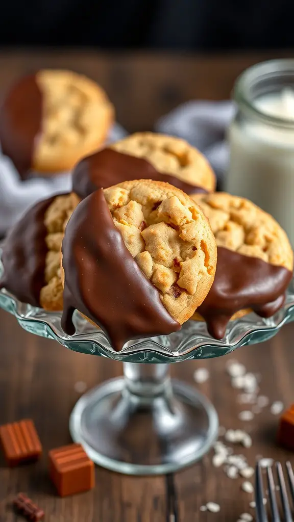 A plate of chocolate-dipped caramel cookies on a glass stand, with a glass of milk in the background.