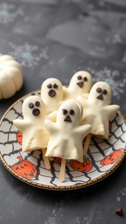 A plate of ghostly banana pops decorated with chocolate chips, resembling cute ghosts, on a Halloween-themed plate.