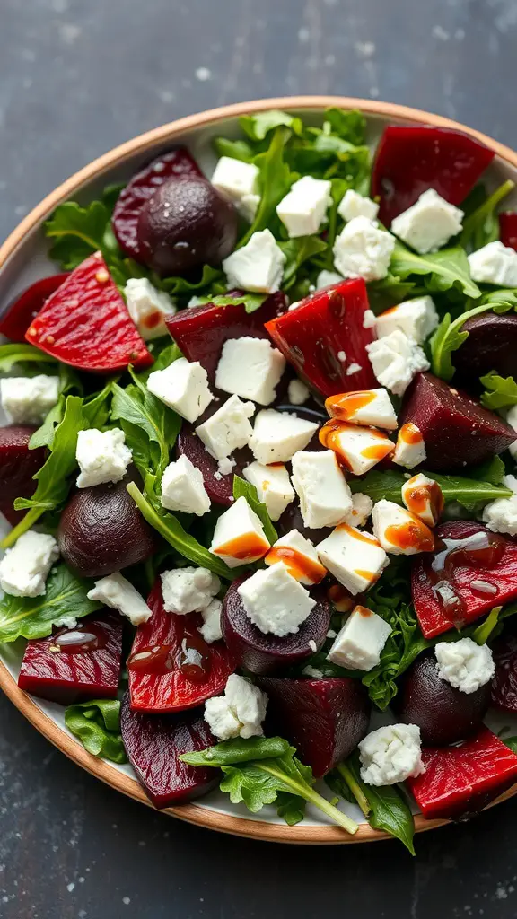 A vibrant salad with roasted beets, feta cheese, and arugula on a plate.