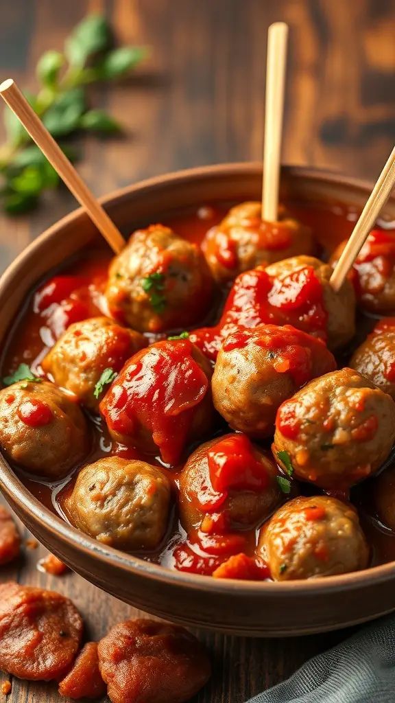 A bowl of meatballs in marinara sauce with toothpicks for serving.