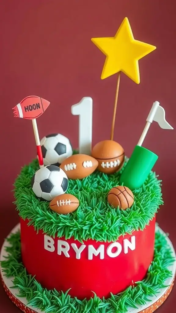 A red fondant sports cake decorated with various sports balls and a yellow star on top.