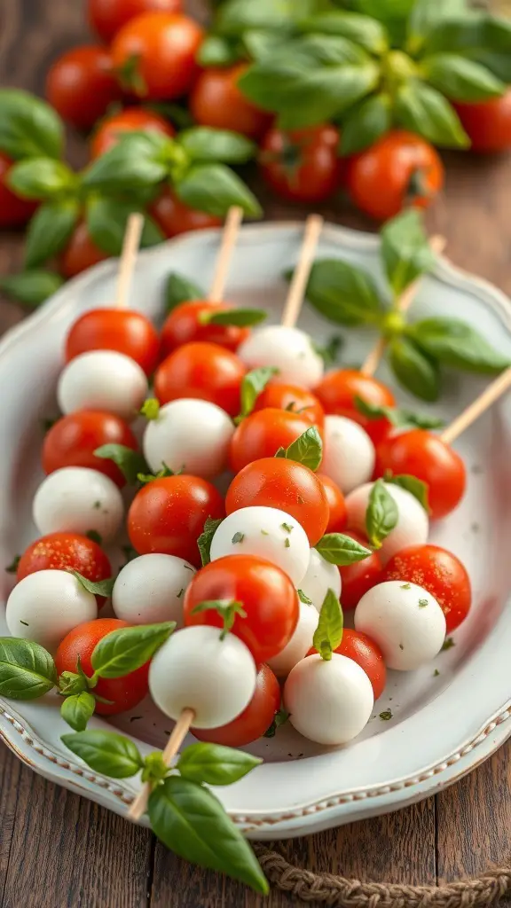 A platter of Caprese salad skewers with cherry tomatoes, mozzarella balls, and basil leaves.
