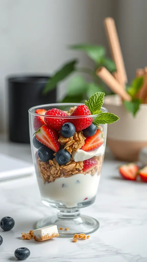 A delicious Greek yogurt parfait with granola, strawberries, blueberries, and mint, served in a clear glass.