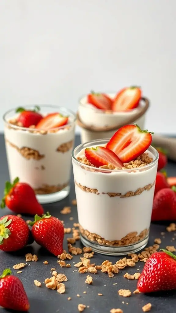 Yogurt and granola cups with strawberries and granola on a dark surface