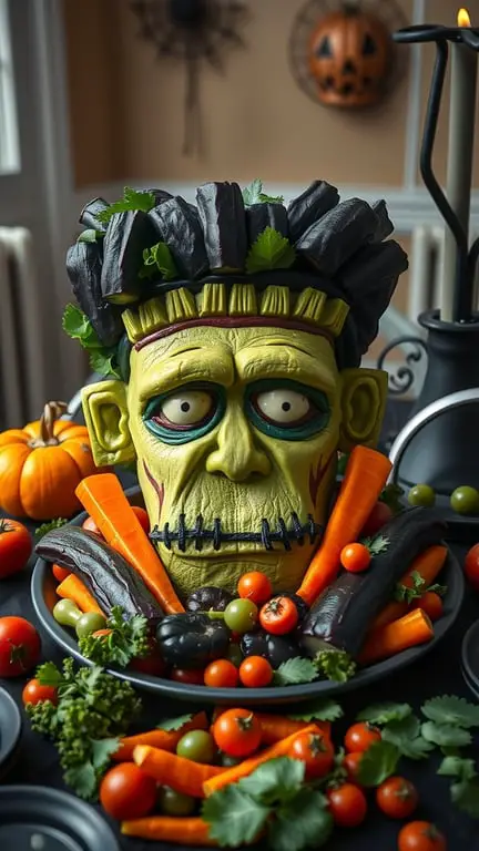 A creative veggie platter designed to look like Frankenstein's head, surrounded by colorful vegetables.