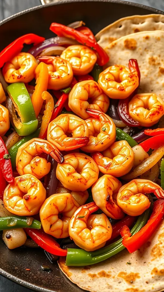 A skillet filled with shrimp and colorful bell peppers, served with tortillas.