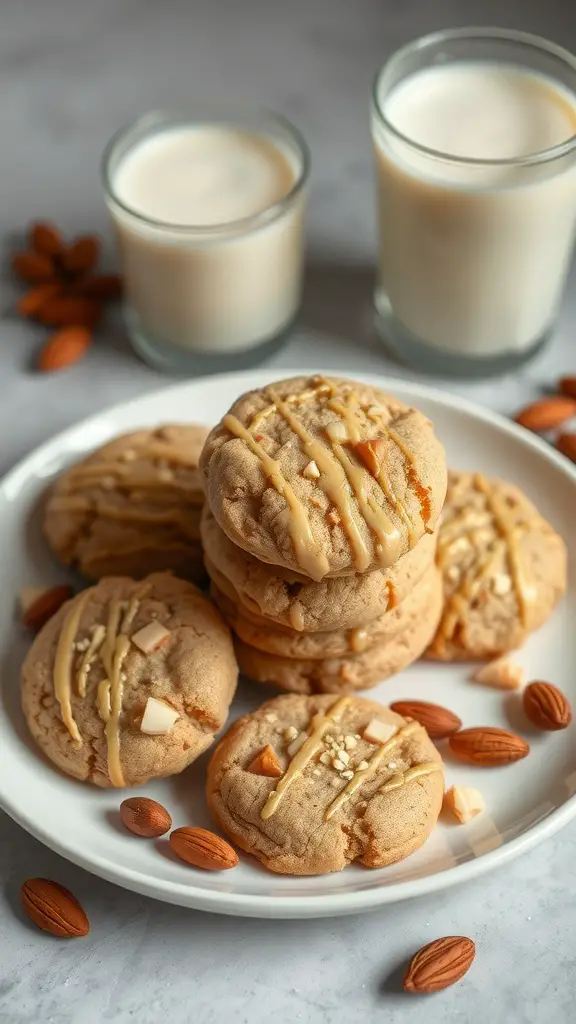 A plate of almond butter no bake cookies with a drizzle of almond butter, surrounded by almonds and glasses of milk.