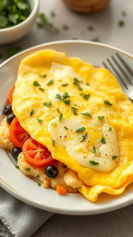 A delicious Boursin cheese and herb omelette served with tomatoes and olives.