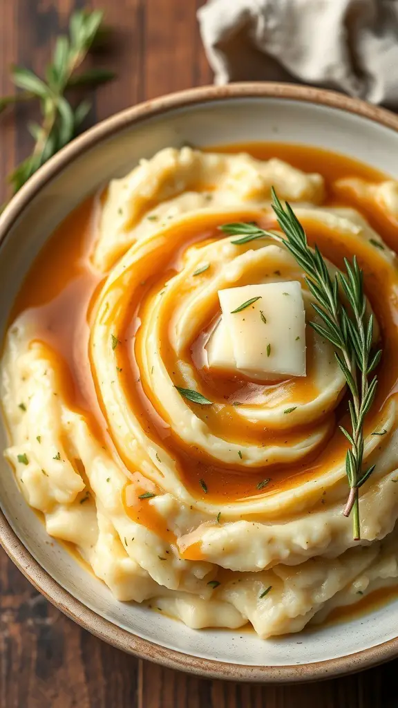 Creamy garlic mashed potatoes topped with butter and herbs in a bowl