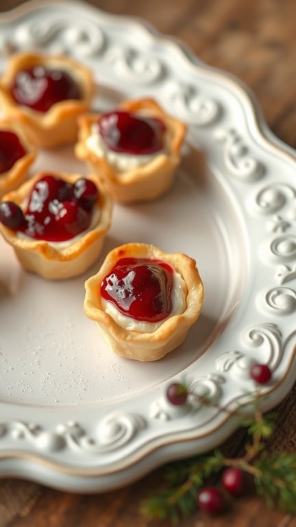 A plate of cranberry brie bites with a glossy cranberry topping on a decorative plate.