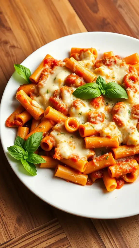 A plate of baked ziti with ricotta, topped with melted cheese and fresh basil, on a wooden table.