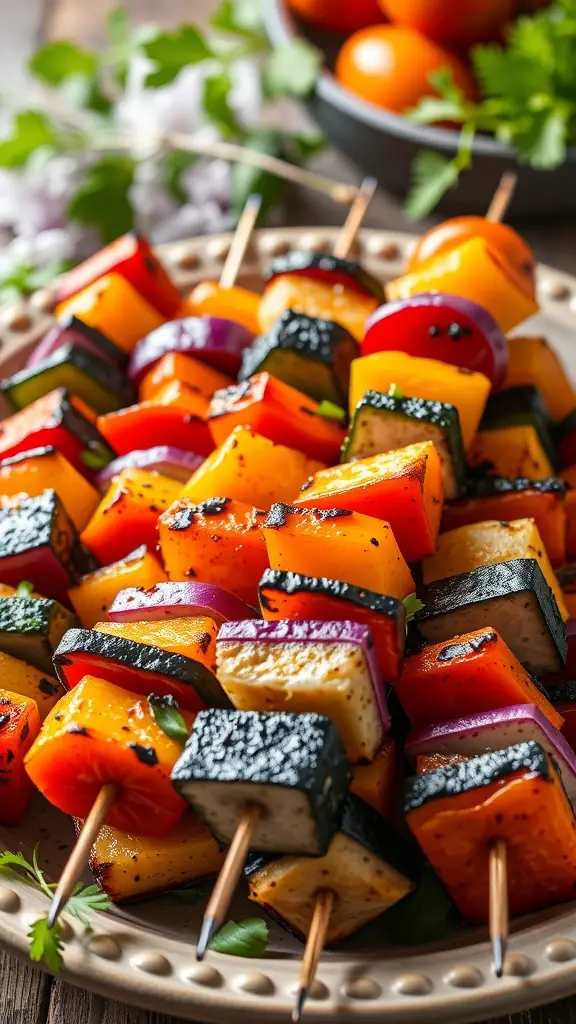 Colorful grilled vegetable skewers on a plate, featuring bell peppers, zucchini, onions, and mushrooms.