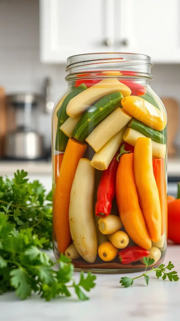A jar filled with colorful pickled vegetables, including zucchini and peppers, with fresh cilantro in the foreground.