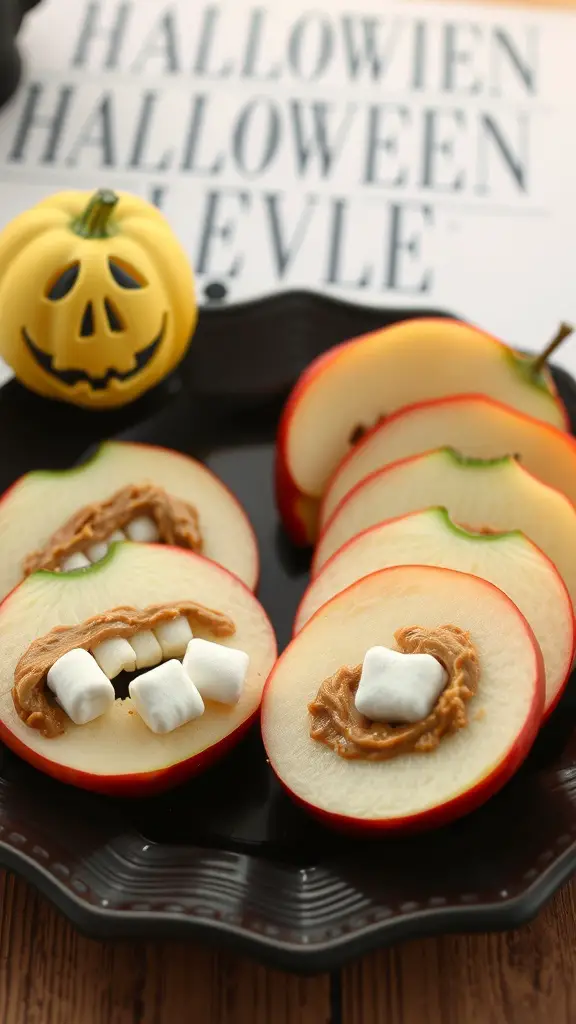 A plate of sliced apples with peanut butter and marshmallows arranged to look like monster mouths, alongside a small pumpkin decoration.