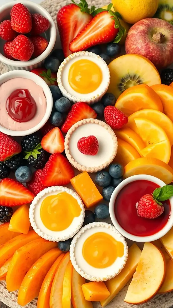 A dessert charcuterie board featuring fresh fruits and cheesecake bites.
