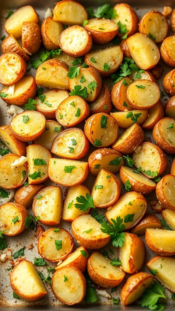 A tray of garlic parmesan roasted potatoes garnished with parsley.