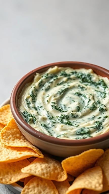 A bowl of creamy spinach and artichoke dip surrounded by tortilla chips.