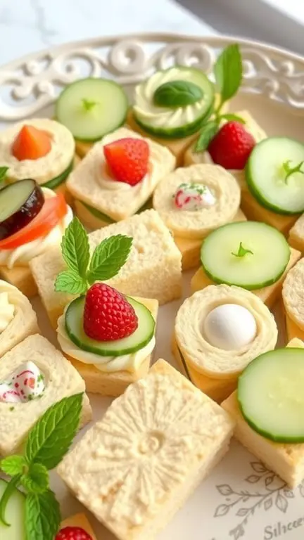 A platter of mini cucumber sandwiches with various toppings, including strawberries and mint leaves.