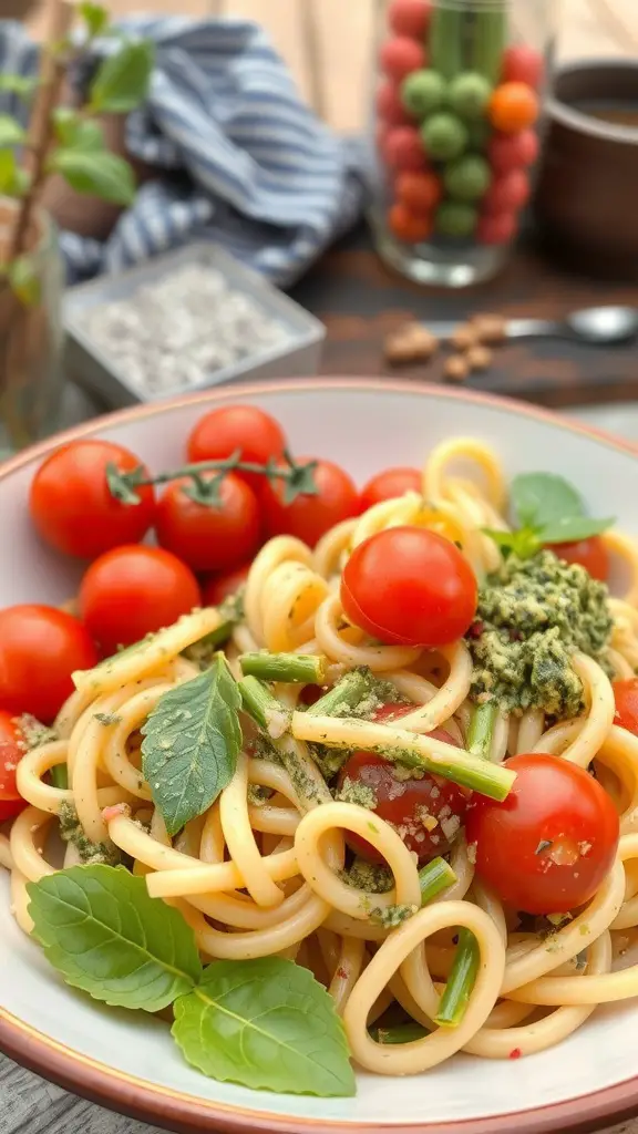 A bowl of pesto pasta salad with cherry tomatoes, garnished with fresh basil leaves.