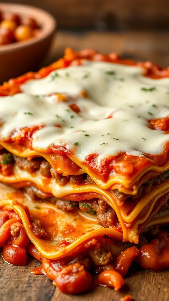 A close-up view of a delicious lasagna with layers of meat sauce and melted cheese.