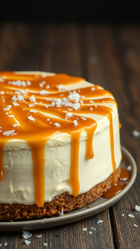 A delicious salted caramel no bake cheesecake topped with caramel sauce and sea salt.