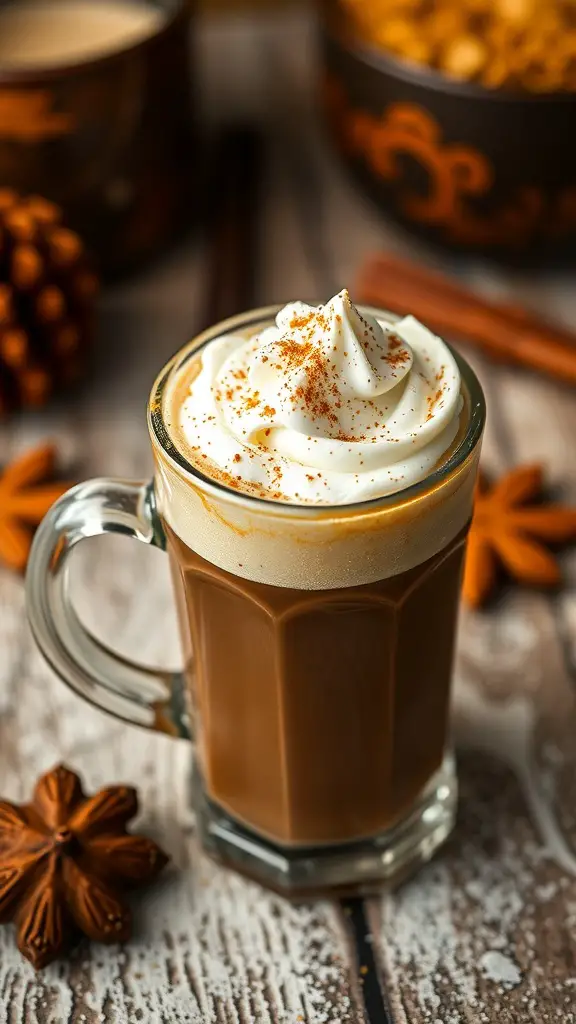 A glass of Irish coffee topped with whipped cream and cinnamon, surrounded by autumn decor.