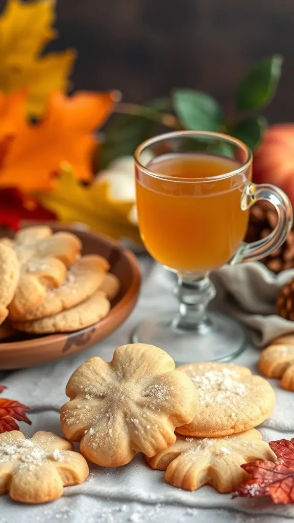 A cozy display of apple cider sugar cookies shaped like leaves, with a glass of apple cider and autumn leaves in the background.