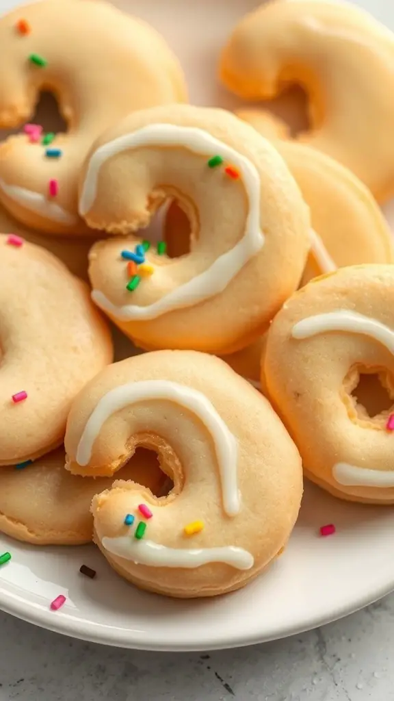A plate of Italian butter cookies decorated with icing and colorful sprinkles.