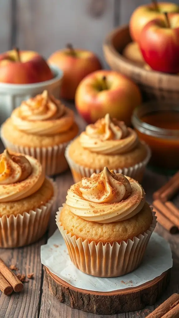 Delicious caramel apple cupcakes topped with caramel frosting and cinnamon sugar, with fresh apples in the background.