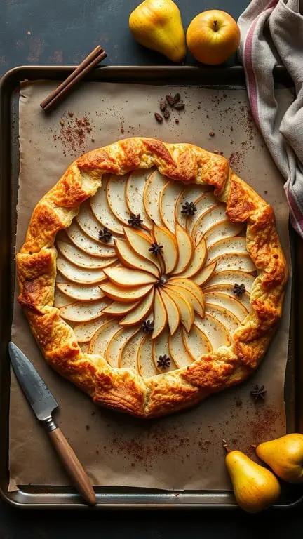 A spiced pear galette with a golden crust and arranged pear slices, surrounded by fresh pears and cinnamon sticks.