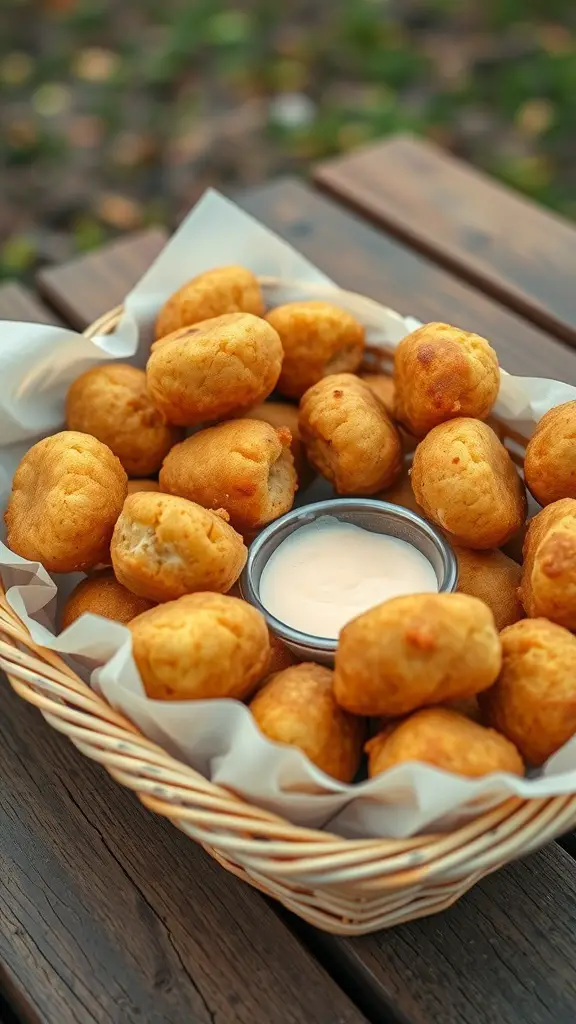 A basket of golden hush puppies with a small bowl of dipping sauce on a wooden table.