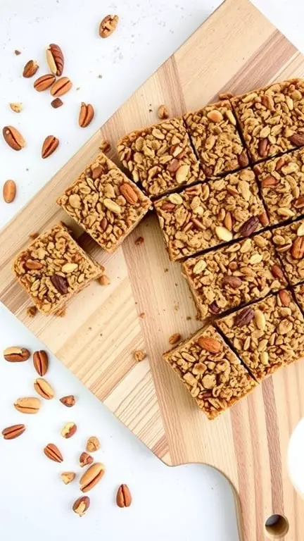 Nutty granola bars cut into squares on a wooden board with scattered nuts