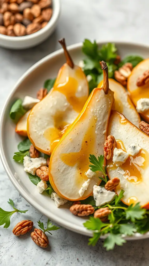 A fresh salad featuring sliced pears, Gorgonzola cheese, pecans, and greens, drizzled with honey.