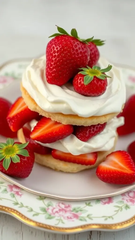 A close-up of a strawberry shortcake with fresh strawberries and whipped cream on a decorative plate.
