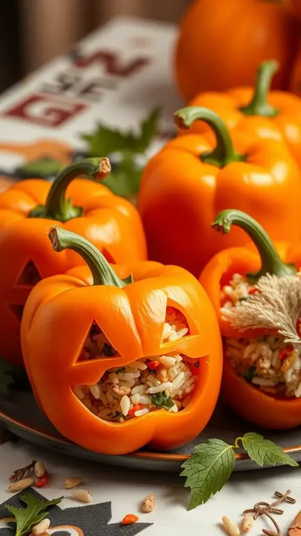 A plate of orange bell peppers carved like jack-o'-lanterns, filled with rice and vegetables.