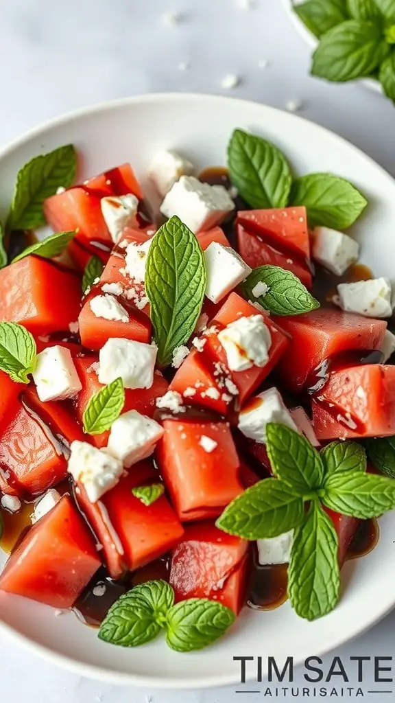 A bowl of watermelon feta salad with mint leaves and balsamic glaze.