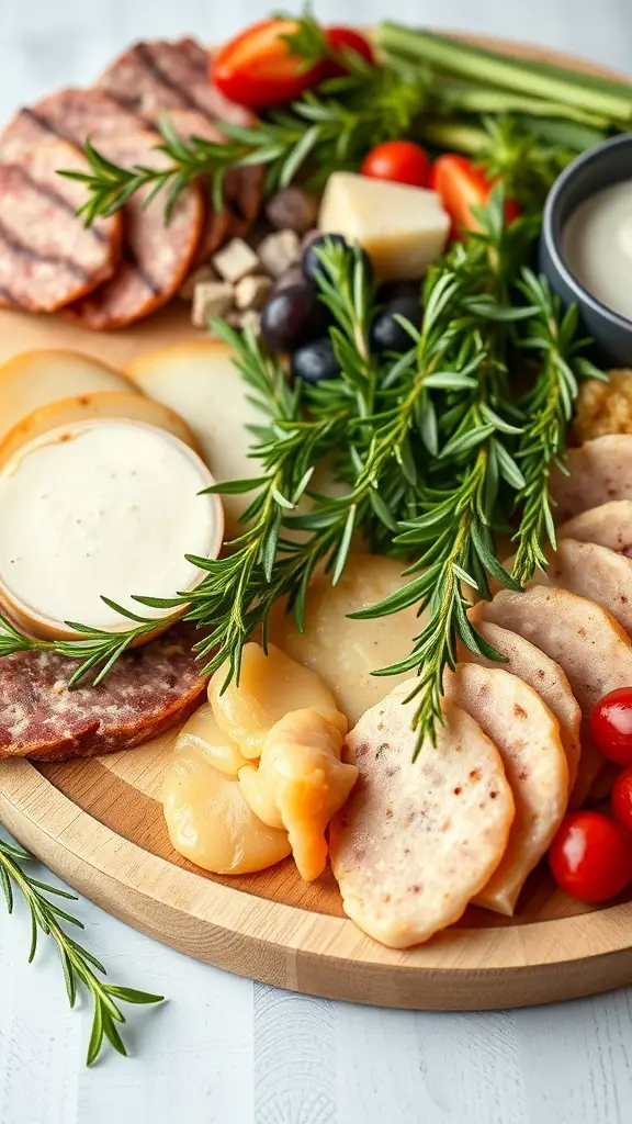 A festive charcuterie board featuring meats, cheeses, and fresh herbs.