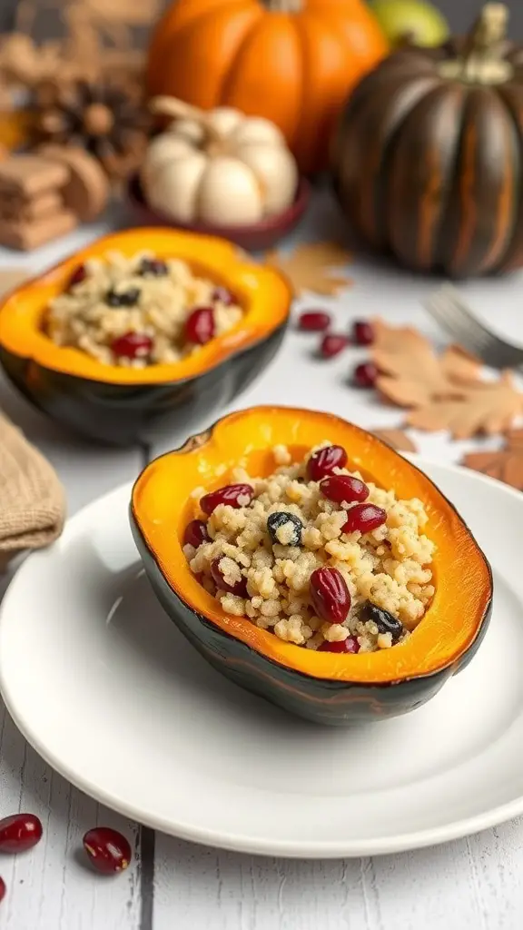 Stuffed acorn squash filled with grains and beans, surrounded by fall decorations.