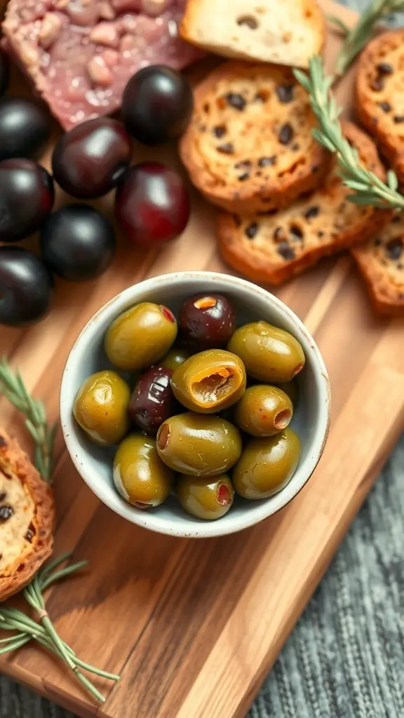 A variety of olives in a bowl with crackers and rosemary on a charcuterie board.